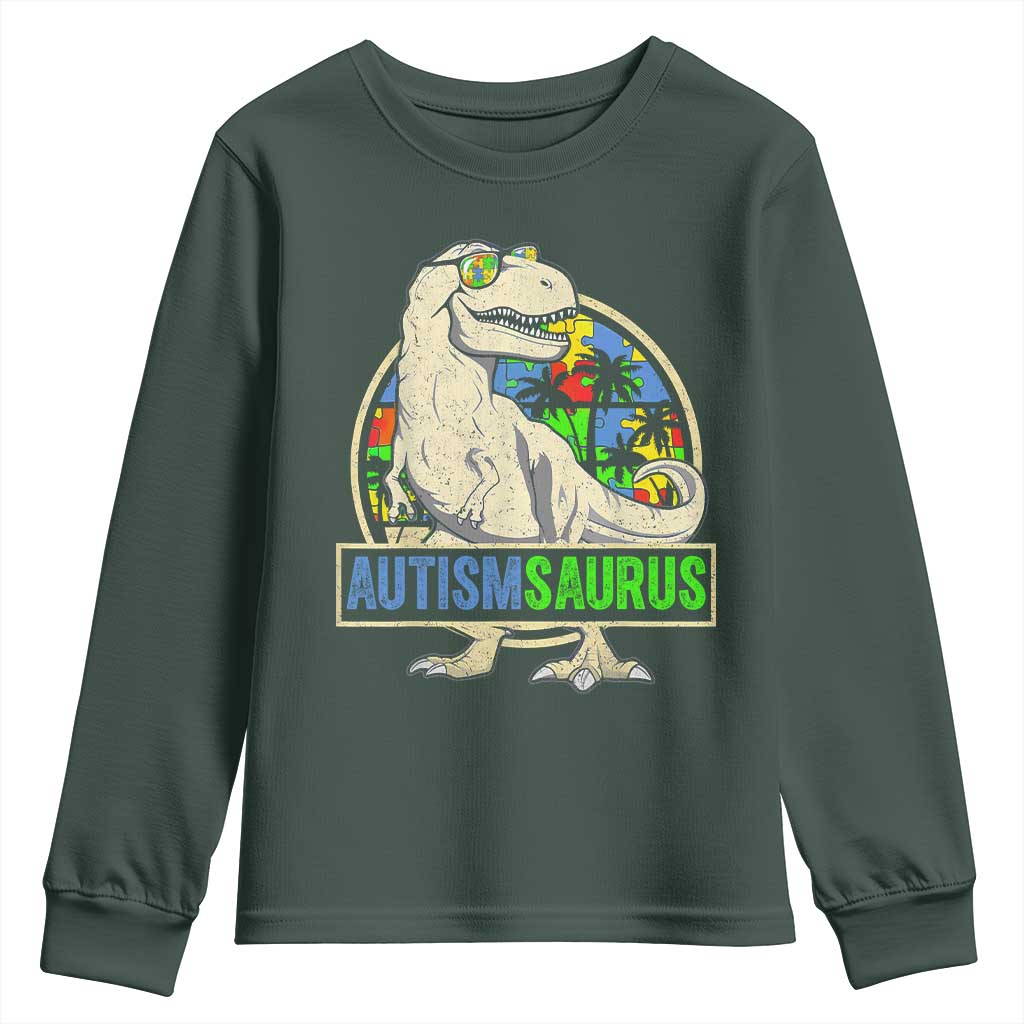 Funny Autism Support Dinosaur Youth Sweatshirt Autismsaurus Puzzle Pieces
