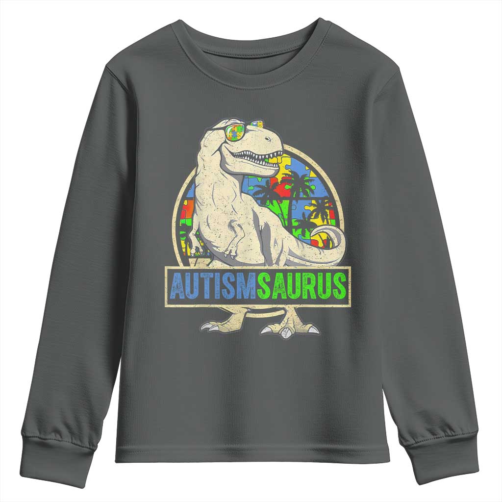 Funny Autism Support Dinosaur Youth Sweatshirt Autismsaurus Puzzle Pieces