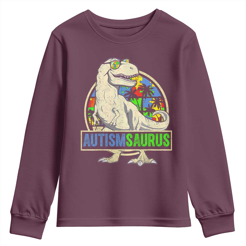 Funny Autism Support Dinosaur Youth Sweatshirt Autismsaurus Puzzle Pieces