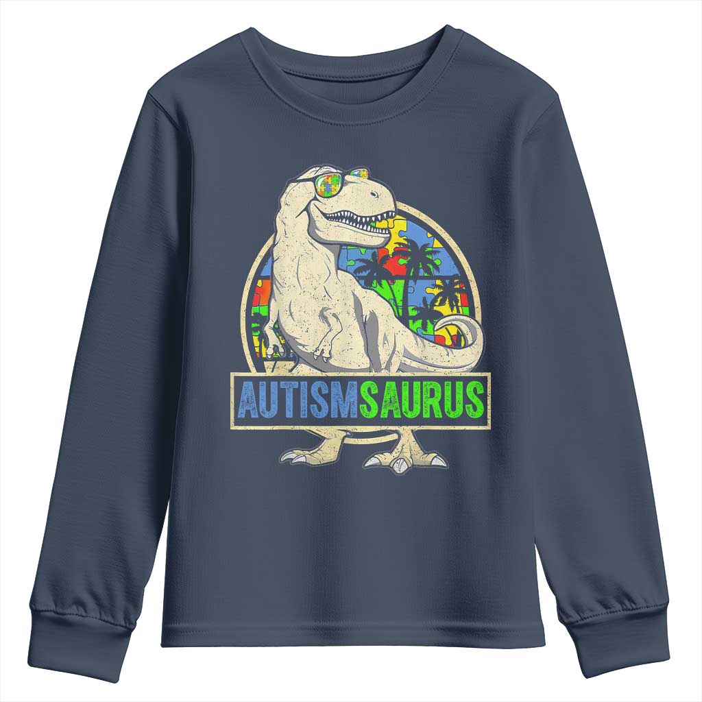 Funny Autism Support Dinosaur Youth Sweatshirt Autismsaurus Puzzle Pieces
