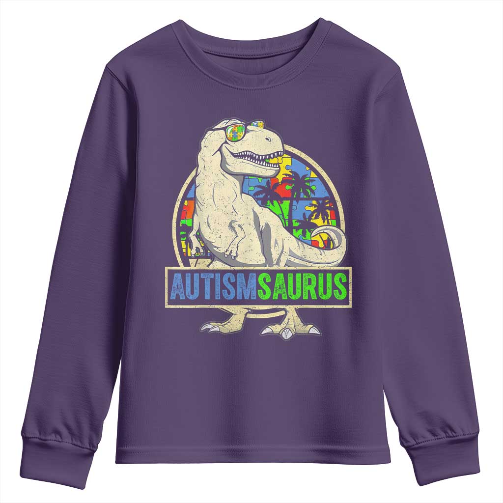 Funny Autism Support Dinosaur Youth Sweatshirt Autismsaurus Puzzle Pieces