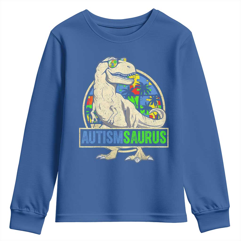 Funny Autism Support Dinosaur Youth Sweatshirt Autismsaurus Puzzle Pieces