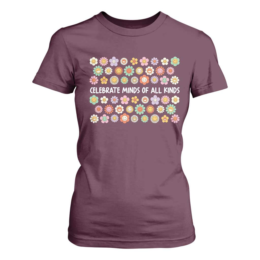 Funny Celebrate Minds Of All Kinds T Shirt For Women Autism Support Retro Flower