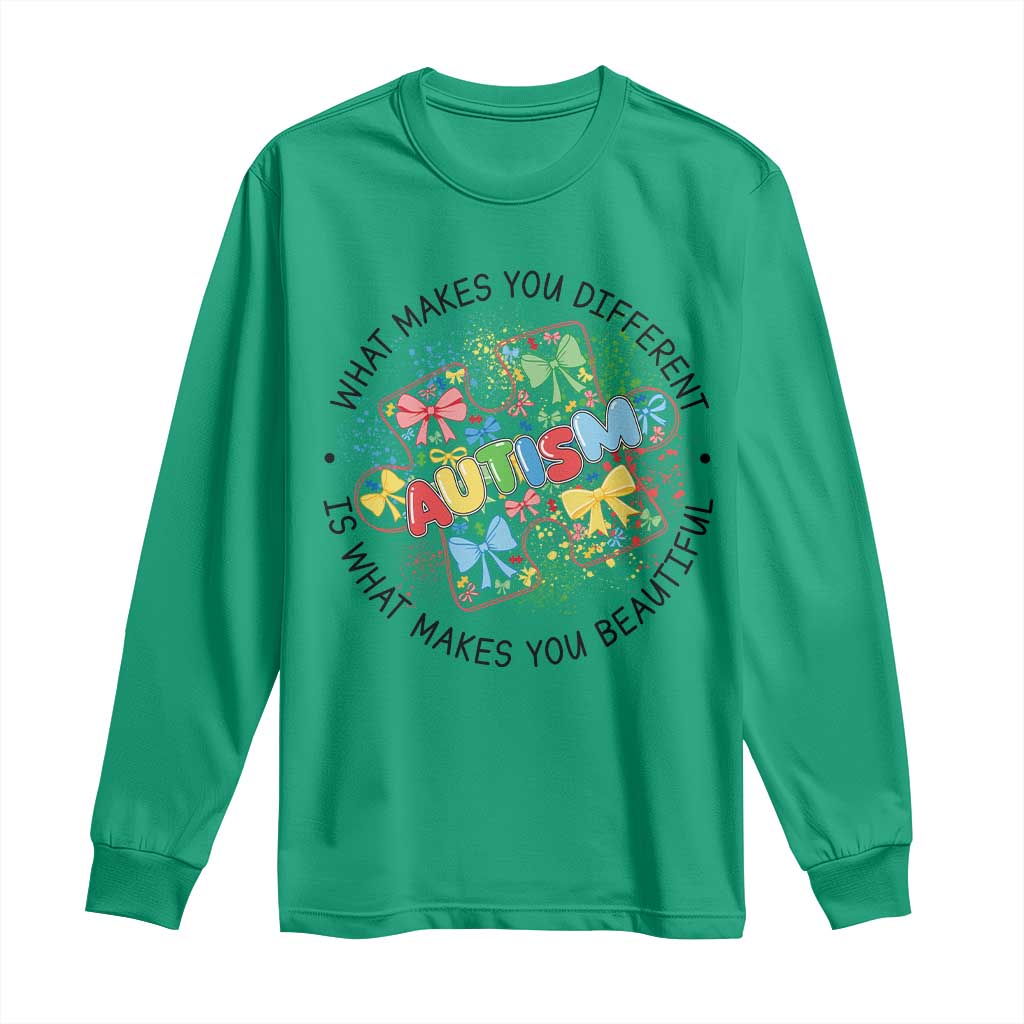 Funny Autism Support What Makes You Different Is What Makes You Beautiful Long Sleeve Shirt Coquette Puzzle