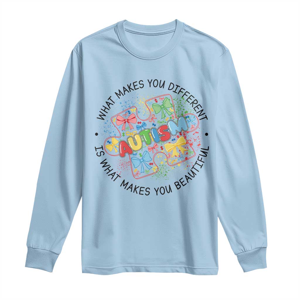 Funny Autism Support What Makes You Different Is What Makes You Beautiful Long Sleeve Shirt Coquette Puzzle