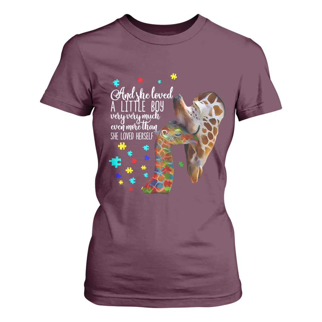 Autism Awareness Giraffe T Shirt For Women And She Loved A Little Boy Very Much Even More Than She Loved Herself