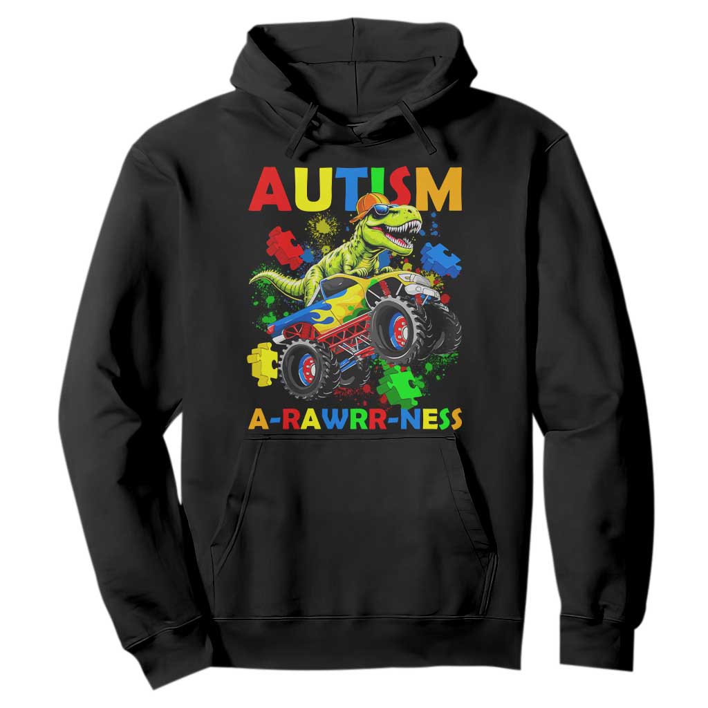 Funny Autism Support Dinosaur Hoodie Autism Arawrrness Monster Truck Puzzle Pieces