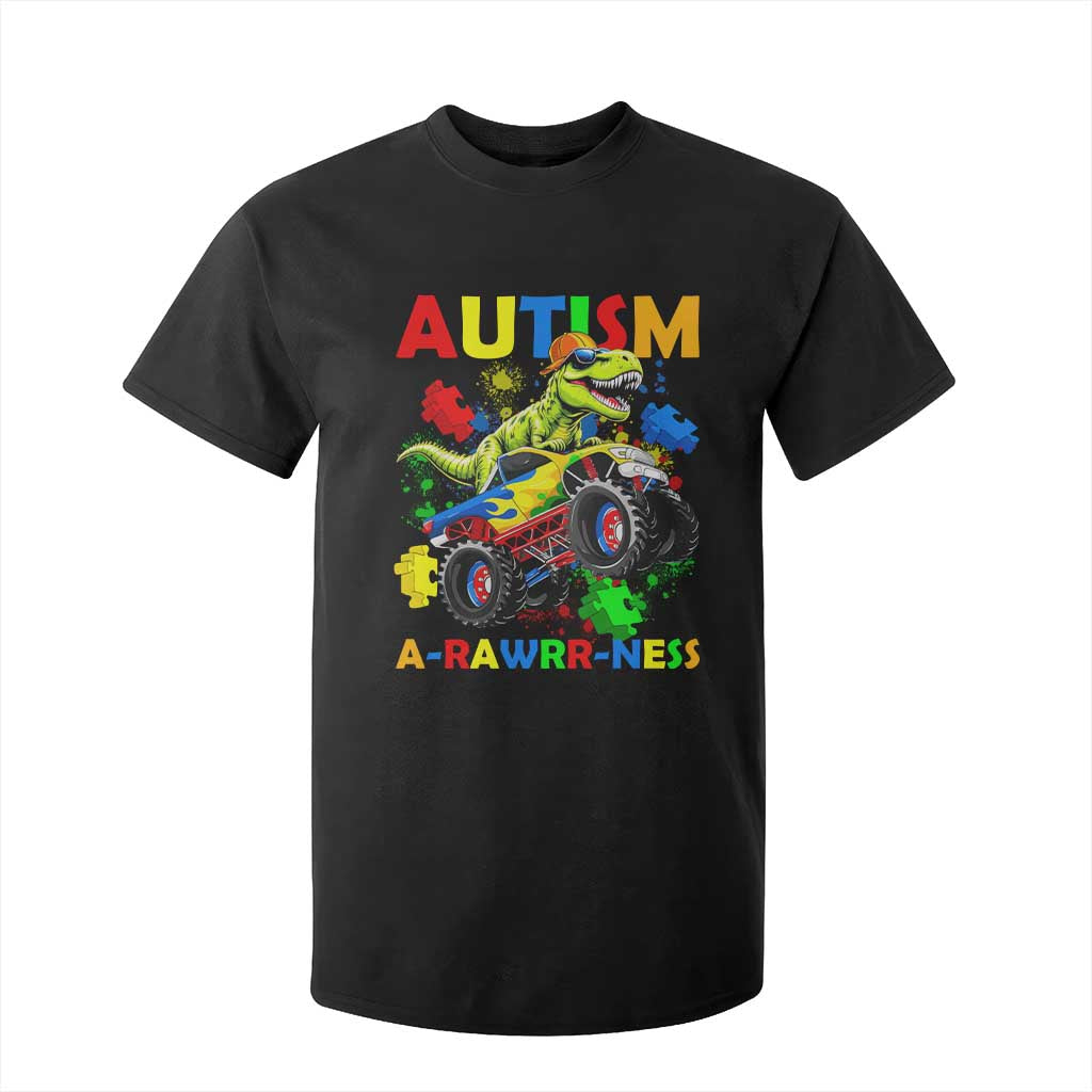 Funny Autism Support Dinosaur T Shirt For Kid Autism Arawrrness Monster Truck Puzzle Pieces