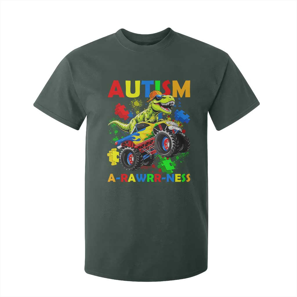 Funny Autism Support Dinosaur T Shirt For Kid Autism Arawrrness Monster Truck Puzzle Pieces