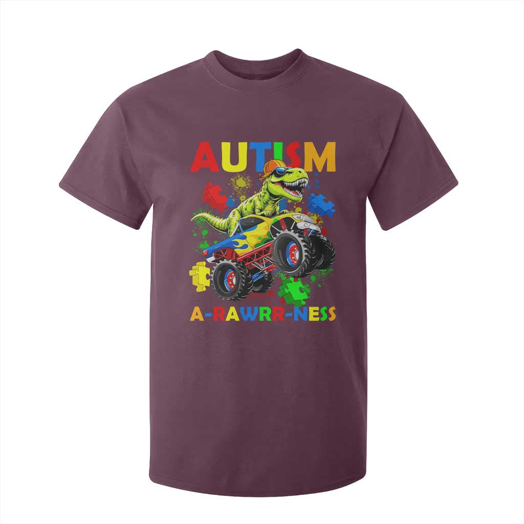 Funny Autism Support Dinosaur T Shirt For Kid Autism Arawrrness Monster Truck Puzzle Pieces