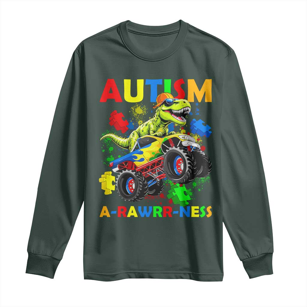 Funny Autism Support Dinosaur Long Sleeve Shirt Autism Arawrrness Monster Truck Puzzle Pieces