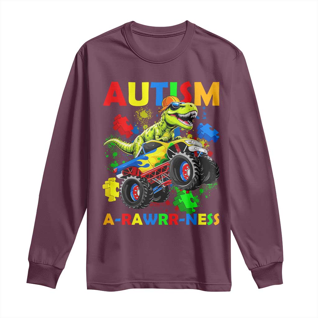 Funny Autism Support Dinosaur Long Sleeve Shirt Autism Arawrrness Monster Truck Puzzle Pieces