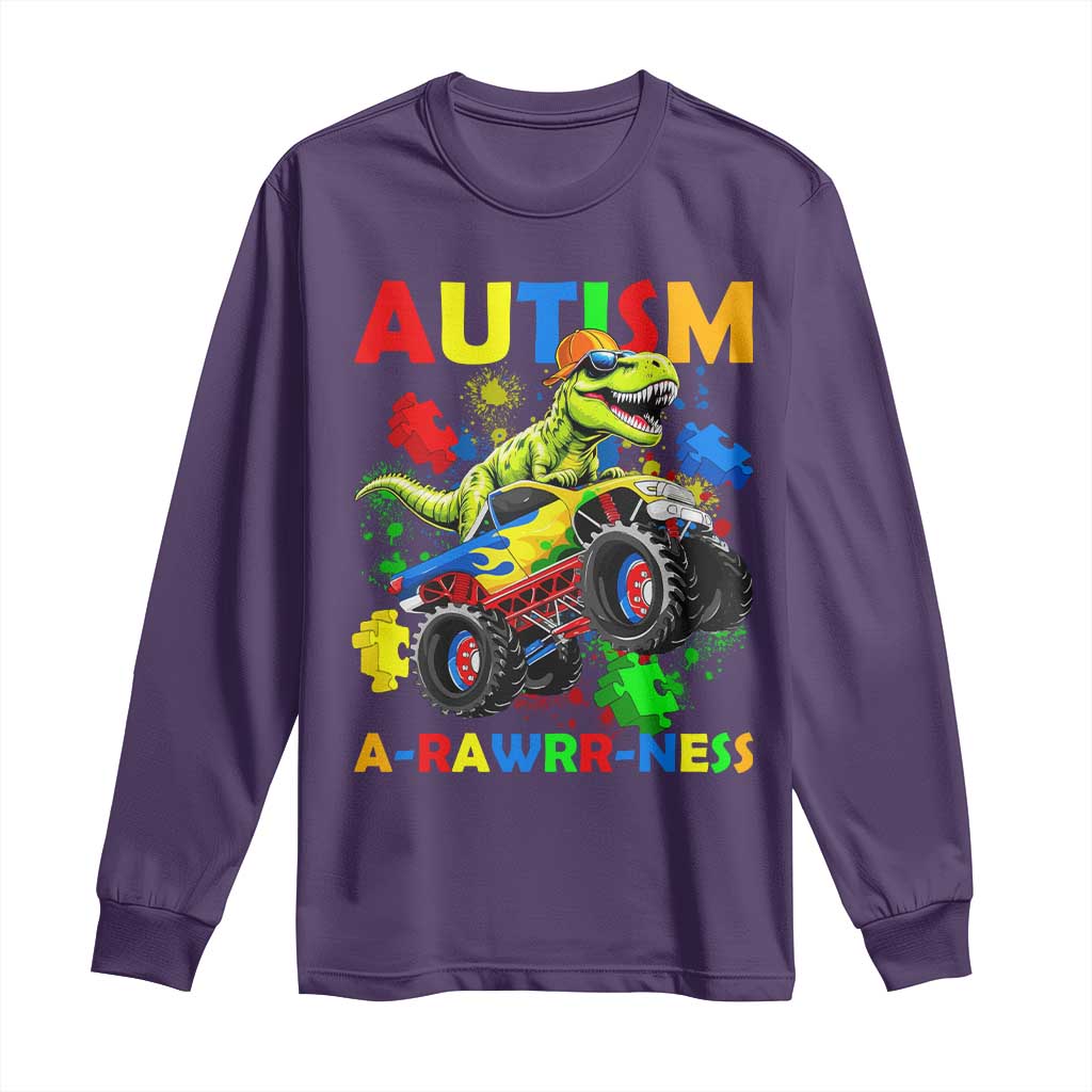 Funny Autism Support Dinosaur Long Sleeve Shirt Autism Arawrrness Monster Truck Puzzle Pieces