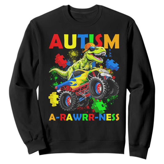 Funny Autism Support Dinosaur Sweatshirt Autism Arawrrness Monster Truck Puzzle Pieces