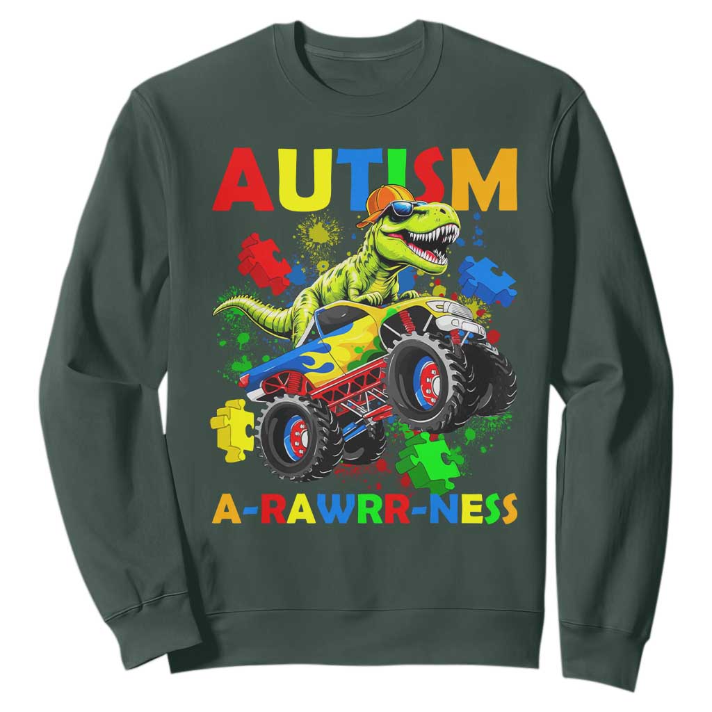 Funny Autism Support Dinosaur Sweatshirt Autism Arawrrness Monster Truck Puzzle Pieces