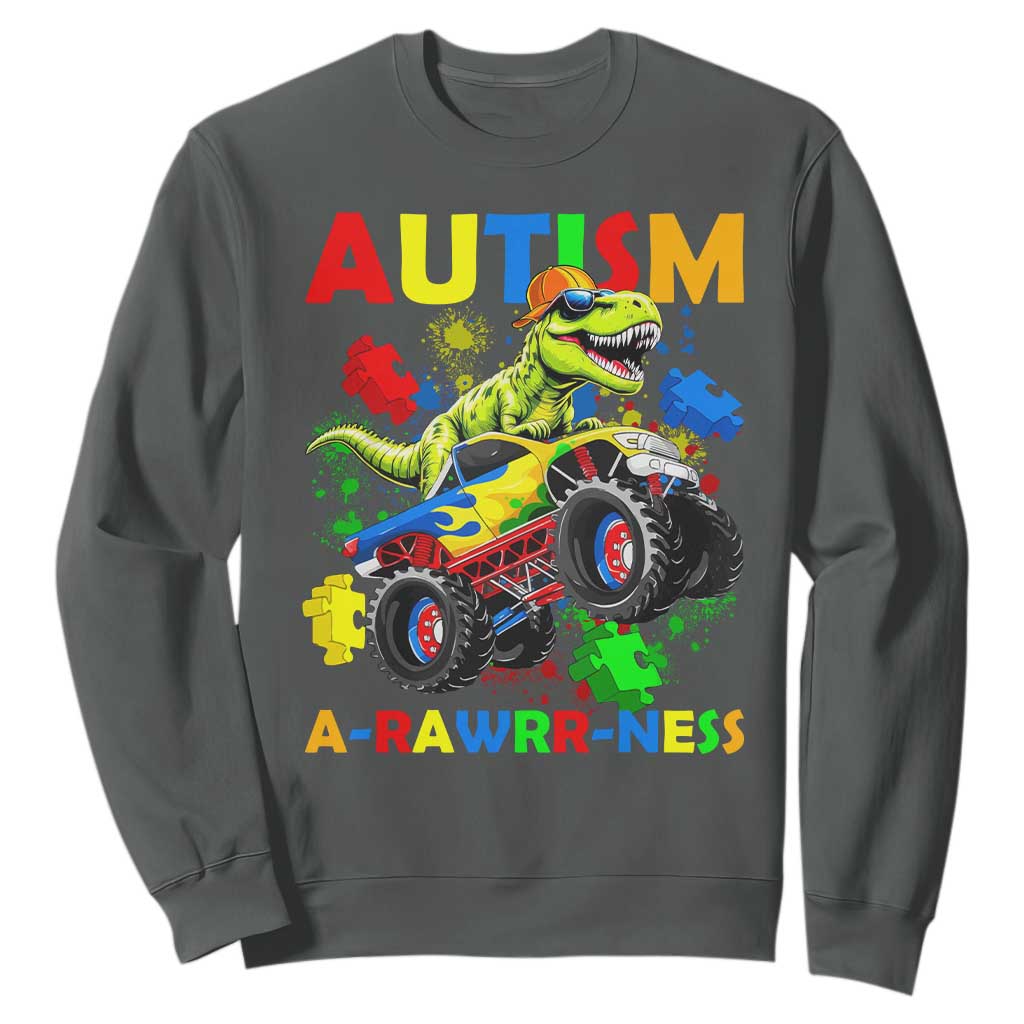 Funny Autism Support Dinosaur Sweatshirt Autism Arawrrness Monster Truck Puzzle Pieces