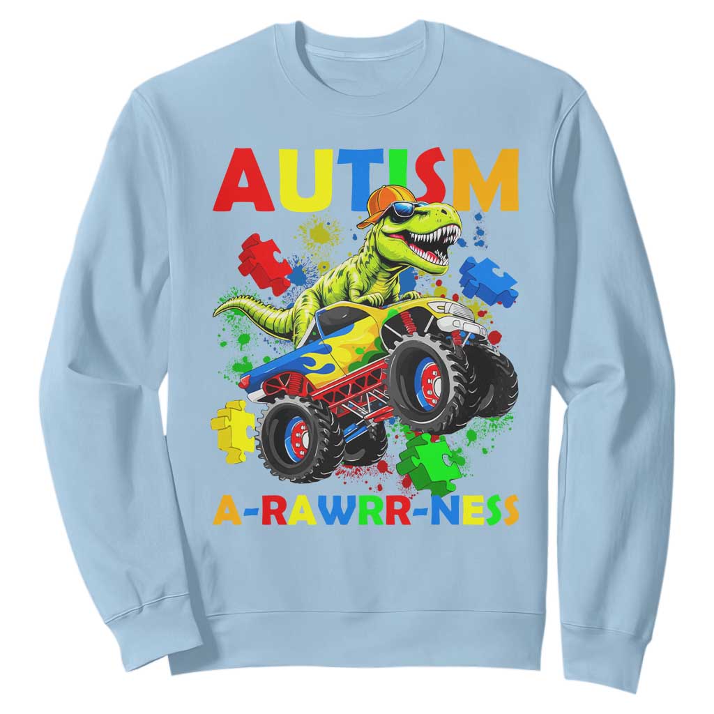 Funny Autism Support Dinosaur Sweatshirt Autism Arawrrness Monster Truck Puzzle Pieces