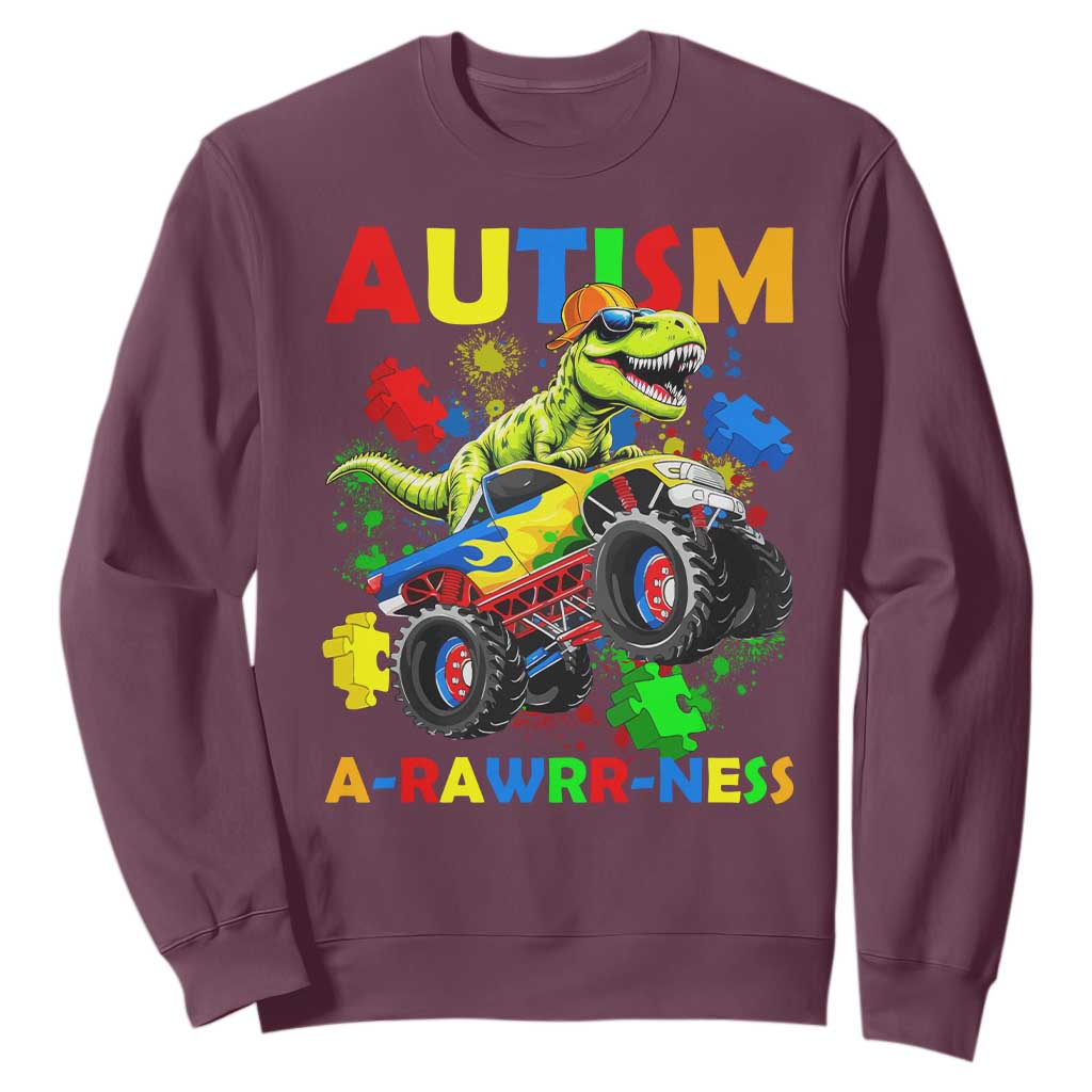 Funny Autism Support Dinosaur Sweatshirt Autism Arawrrness Monster Truck Puzzle Pieces