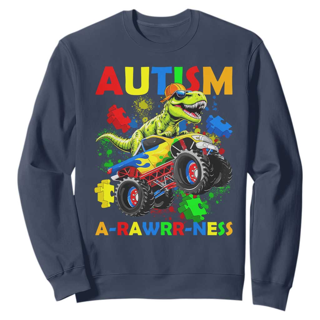 Funny Autism Support Dinosaur Sweatshirt Autism Arawrrness Monster Truck Puzzle Pieces