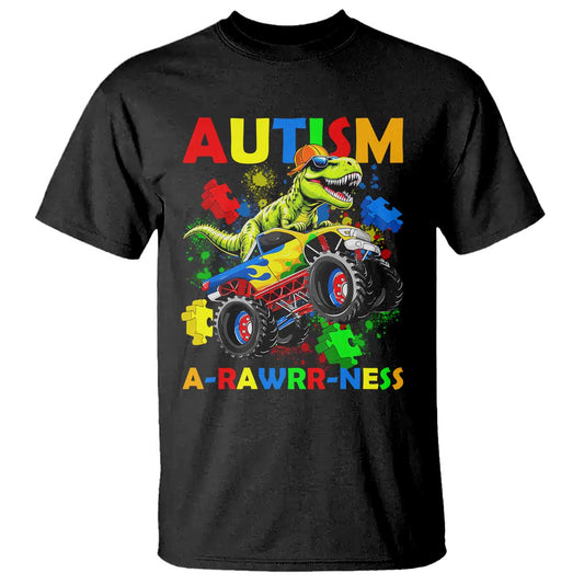 Funny Autism Support Dinosaur T Shirt Autism Arawrrness Monster Truck Puzzle Pieces