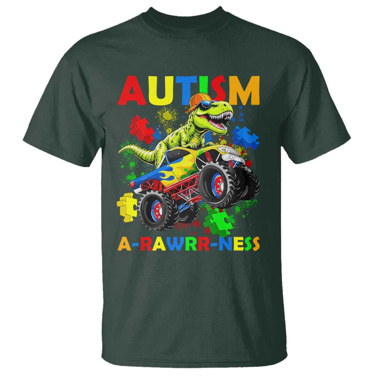 Funny Autism Support Dinosaur T Shirt Autism Arawrrness Monster Truck Puzzle Pieces