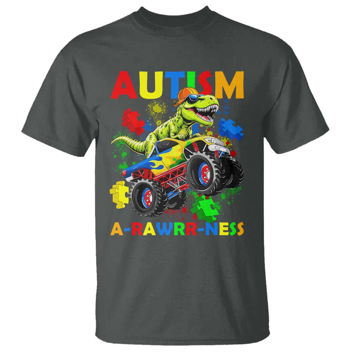 Funny Autism Support Dinosaur T Shirt Autism Arawrrness Monster Truck Puzzle Pieces