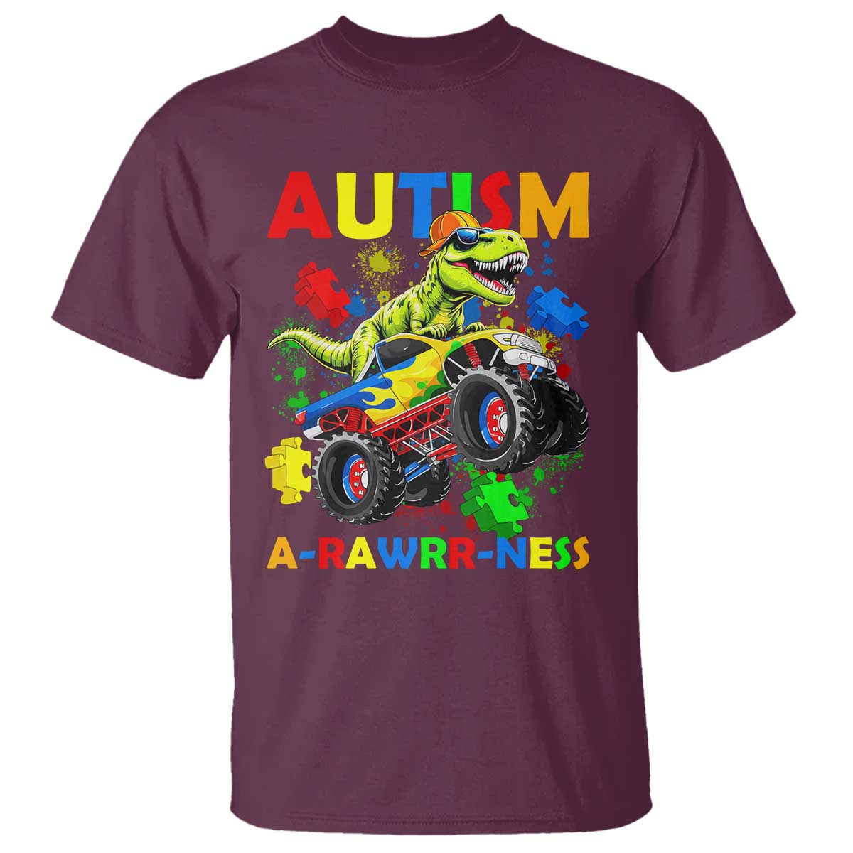 Funny Autism Support Dinosaur T Shirt Autism Arawrrness Monster Truck Puzzle Pieces