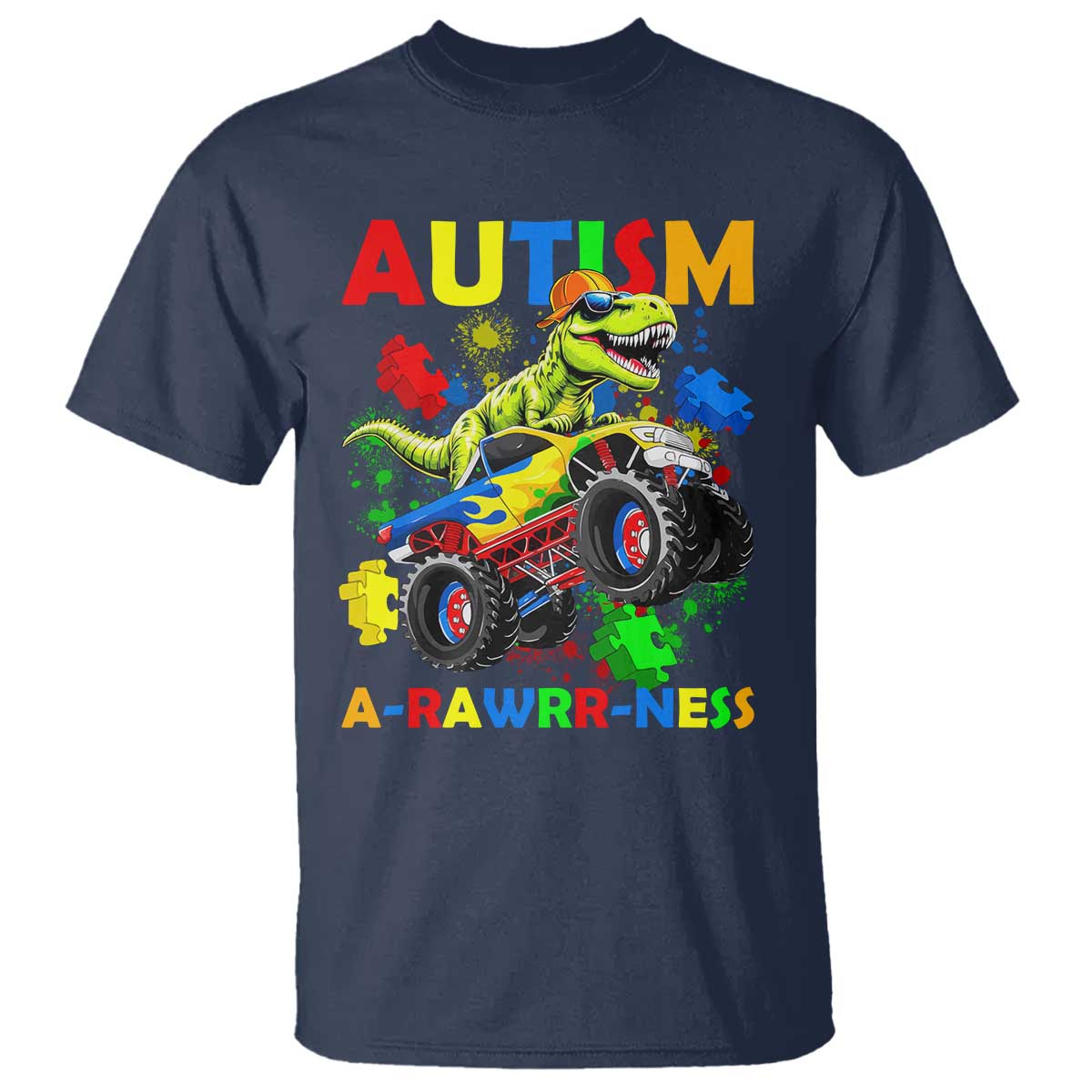 Funny Autism Support Dinosaur T Shirt Autism Arawrrness Monster Truck Puzzle Pieces