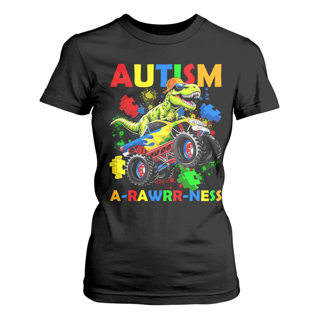 Funny Autism Support Dinosaur T Shirt For Women Autism Arawrrness Monster Truck Puzzle Pieces