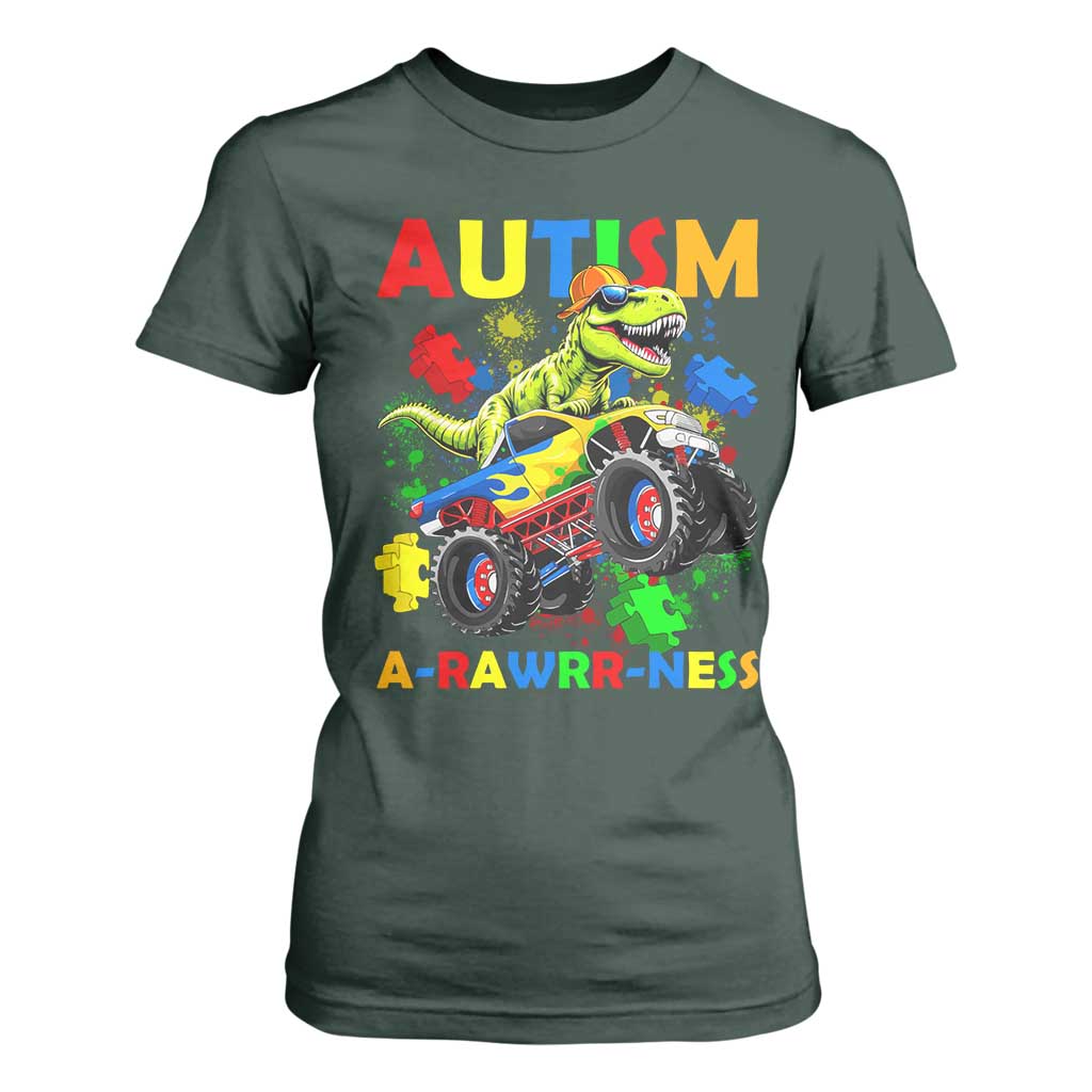 Funny Autism Support Dinosaur T Shirt For Women Autism Arawrrness Monster Truck Puzzle Pieces