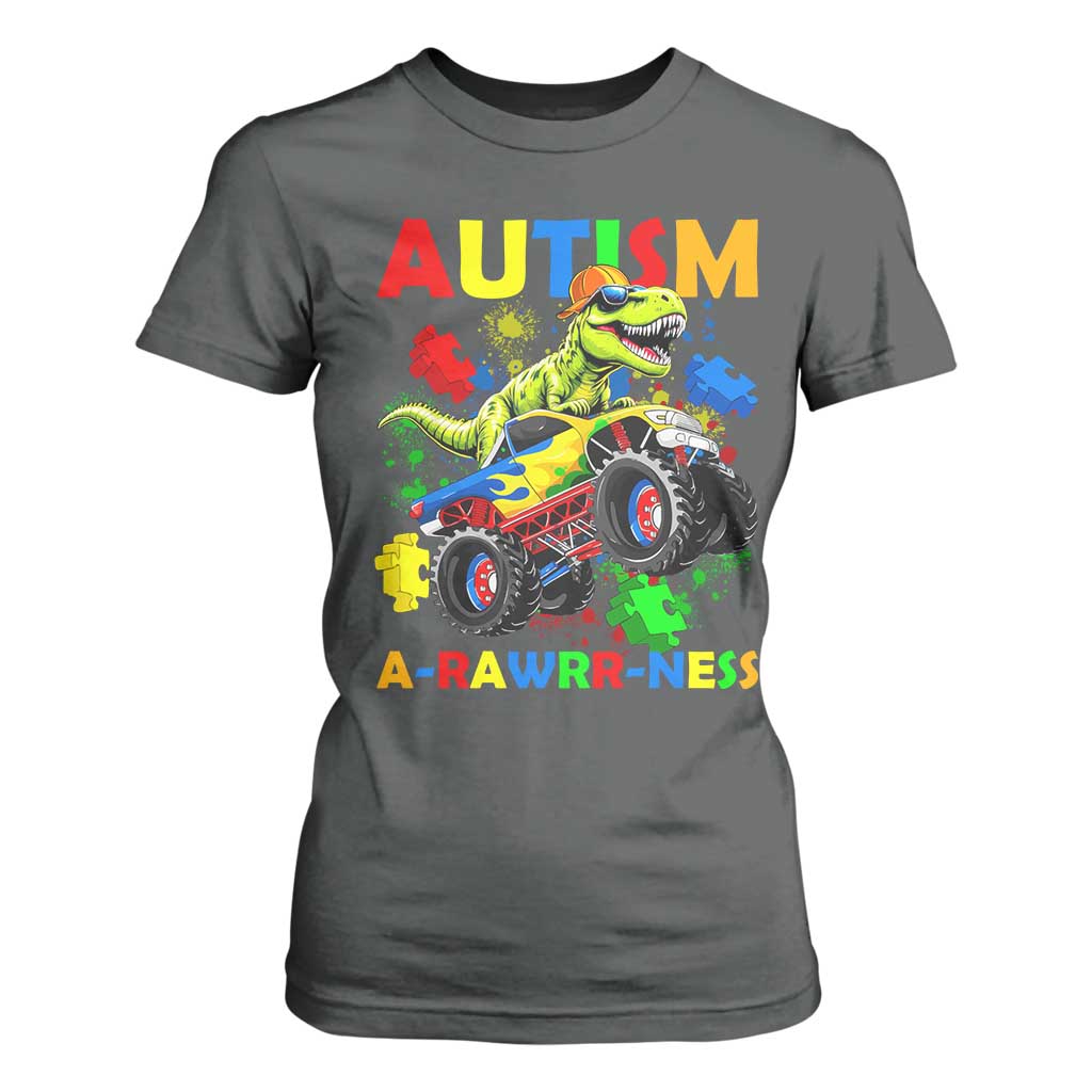 Funny Autism Support Dinosaur T Shirt For Women Autism Arawrrness Monster Truck Puzzle Pieces