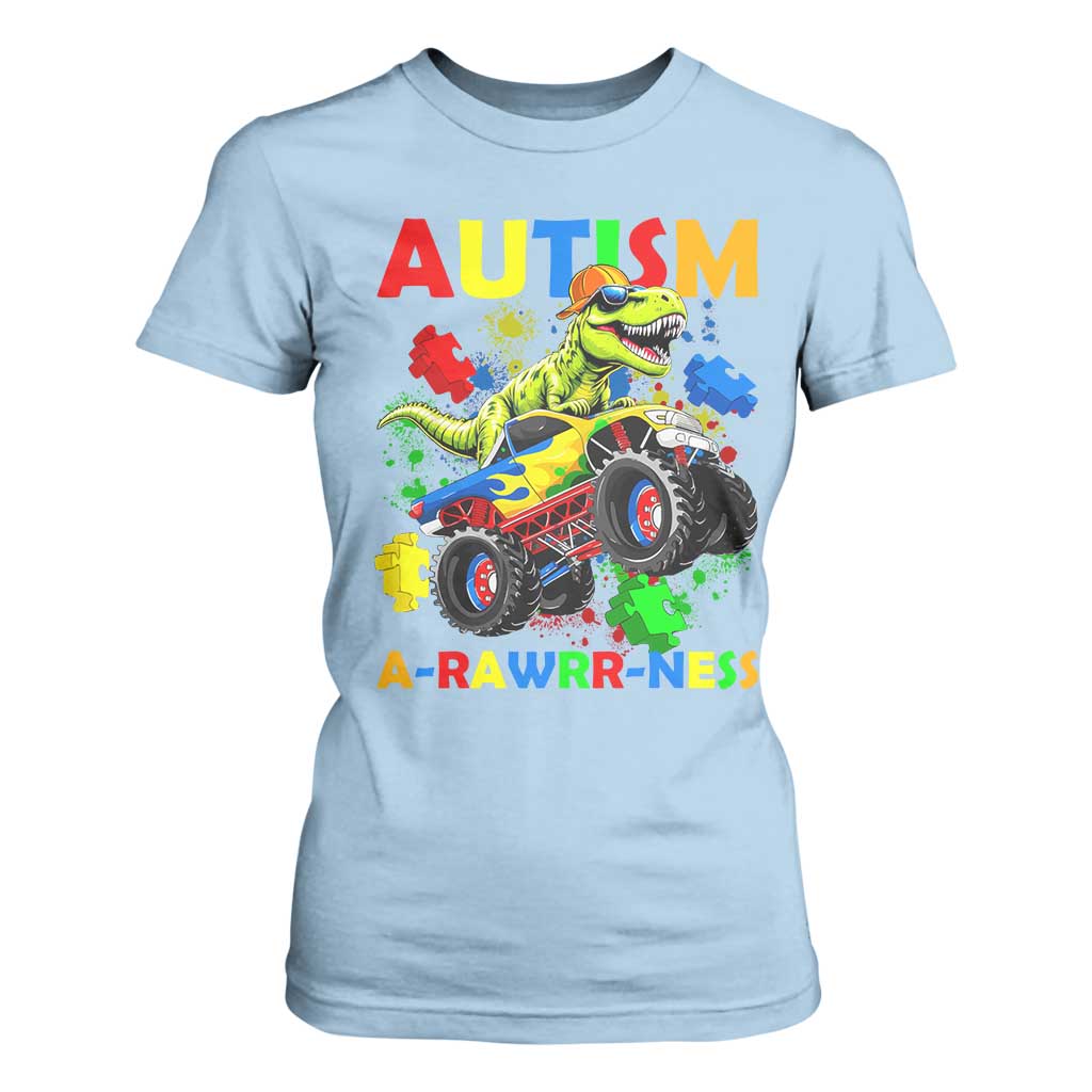 Funny Autism Support Dinosaur T Shirt For Women Autism Arawrrness Monster Truck Puzzle Pieces
