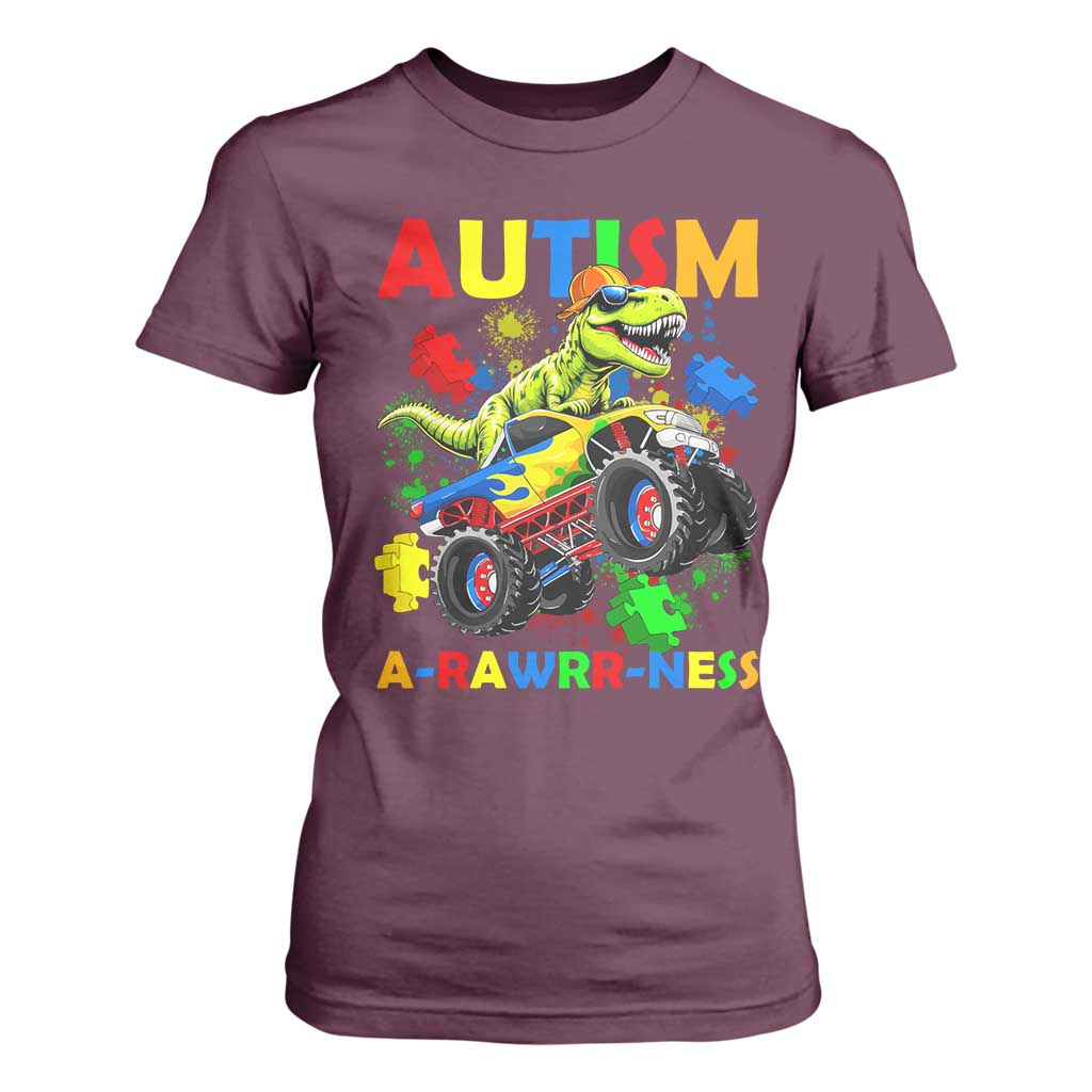 Funny Autism Support Dinosaur T Shirt For Women Autism Arawrrness Monster Truck Puzzle Pieces