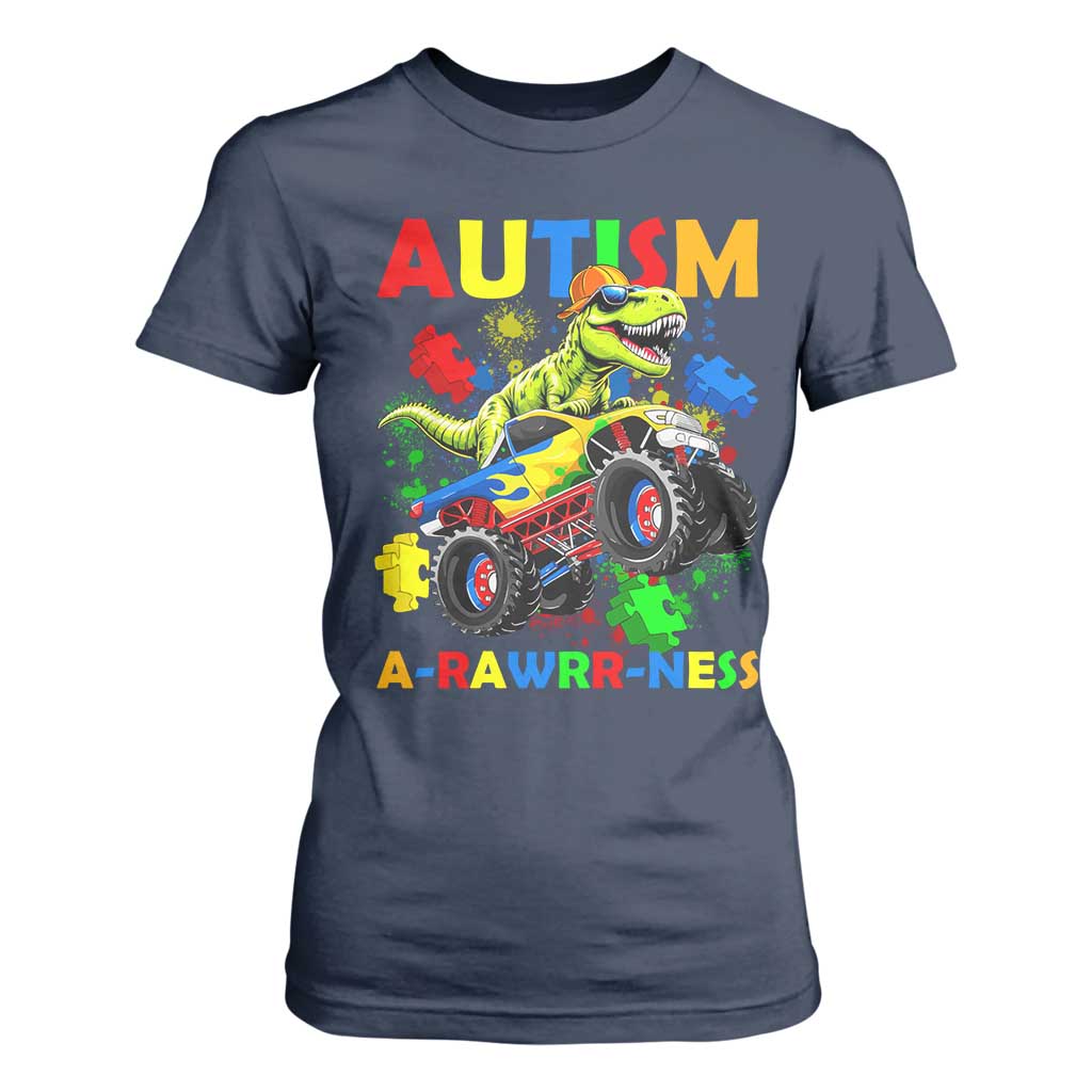 Funny Autism Support Dinosaur T Shirt For Women Autism Arawrrness Monster Truck Puzzle Pieces