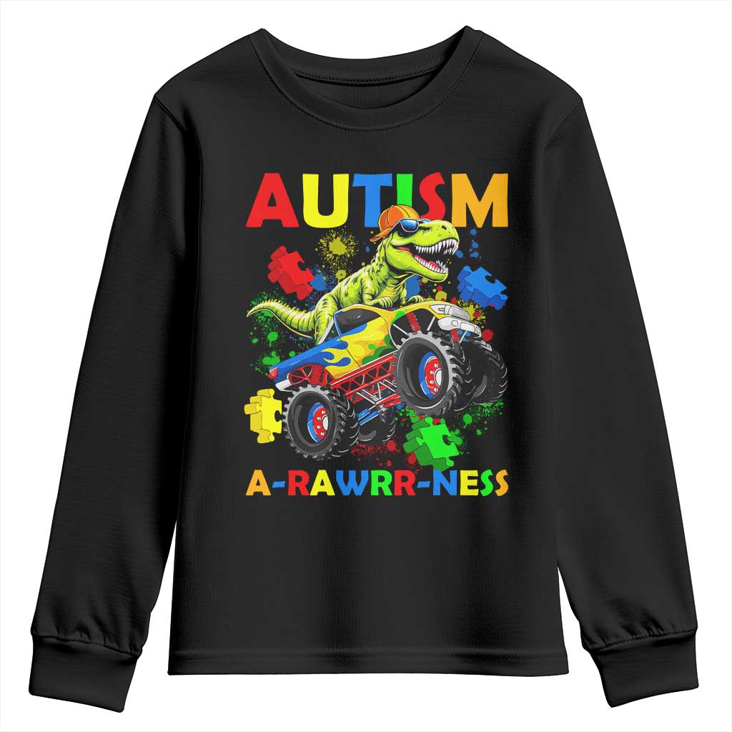Funny Autism Support Dinosaur Youth Sweatshirt Autism Arawrrness Monster Truck Puzzle Pieces
