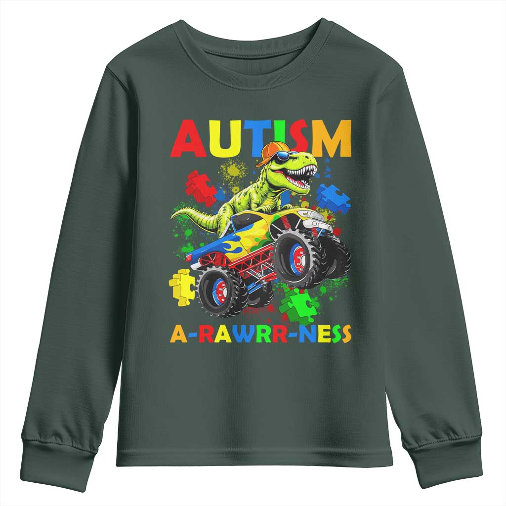 Funny Autism Support Dinosaur Youth Sweatshirt Autism Arawrrness Monster Truck Puzzle Pieces