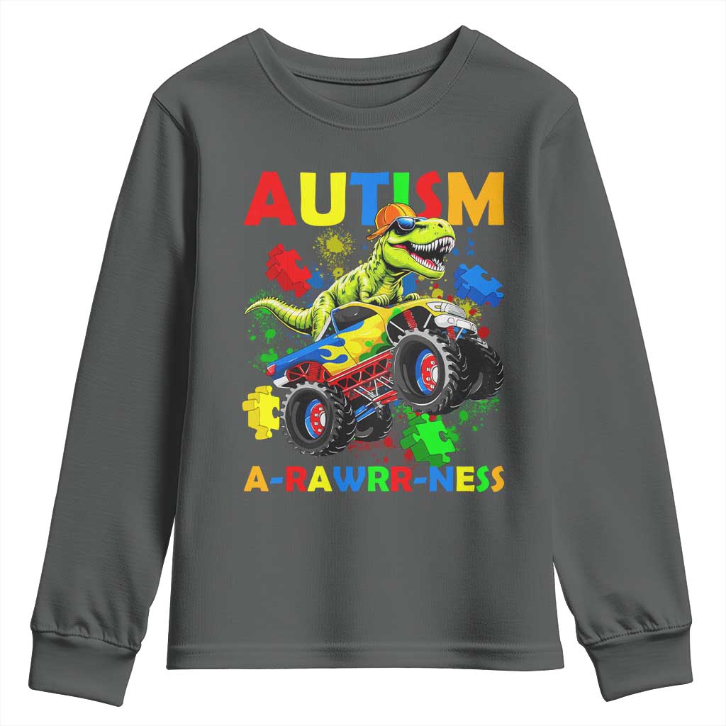 Funny Autism Support Dinosaur Youth Sweatshirt Autism Arawrrness Monster Truck Puzzle Pieces