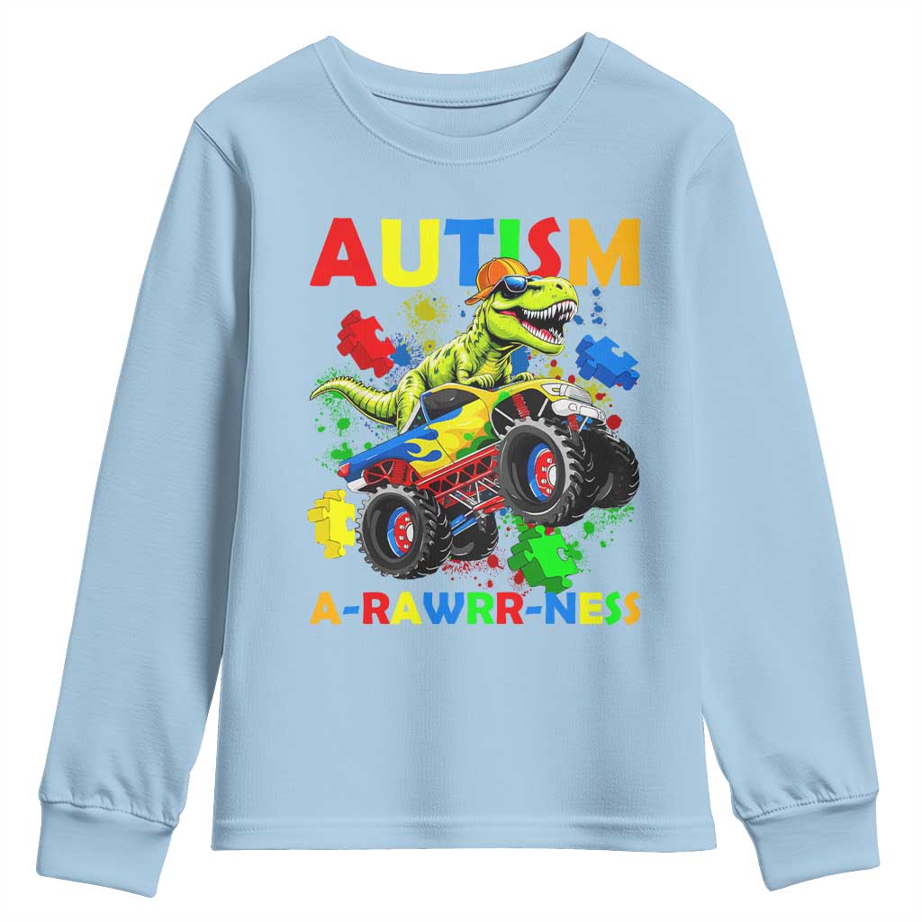 Funny Autism Support Dinosaur Youth Sweatshirt Autism Arawrrness Monster Truck Puzzle Pieces