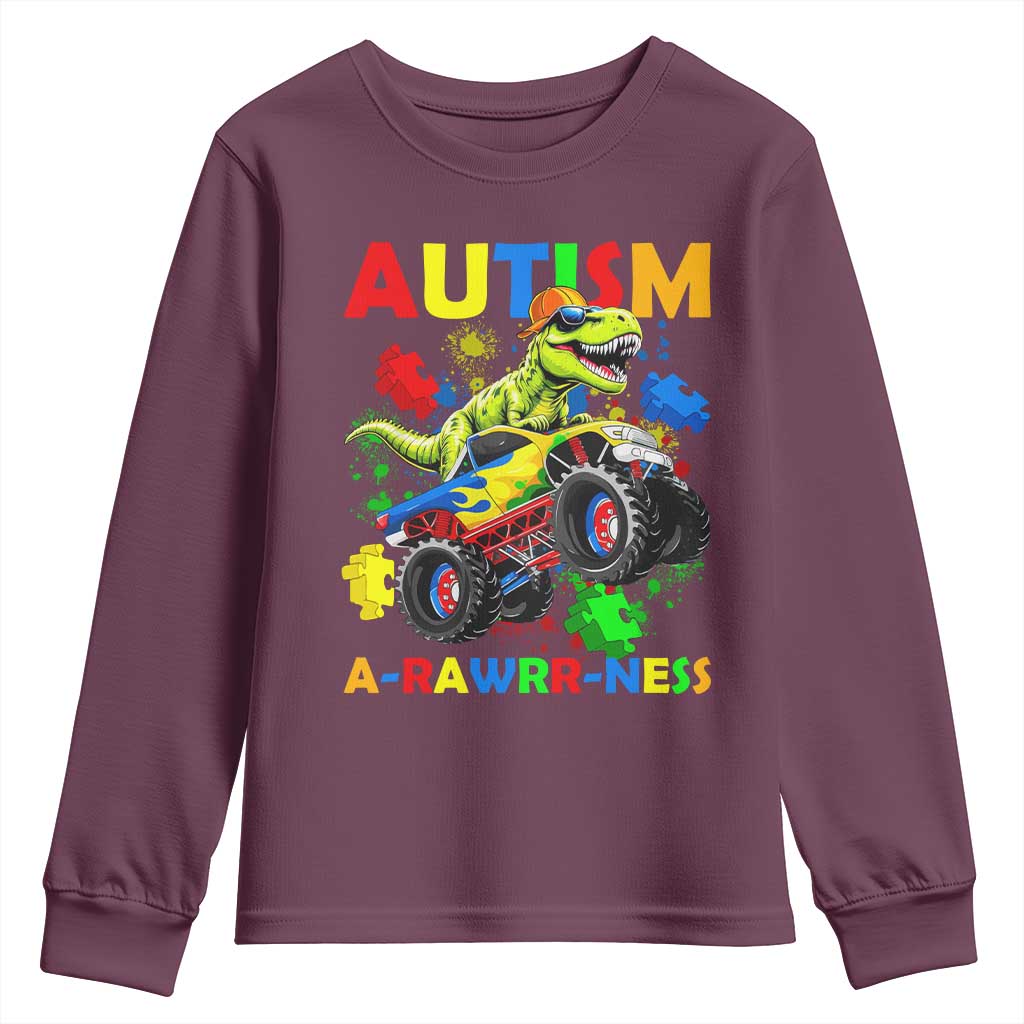 Funny Autism Support Dinosaur Youth Sweatshirt Autism Arawrrness Monster Truck Puzzle Pieces