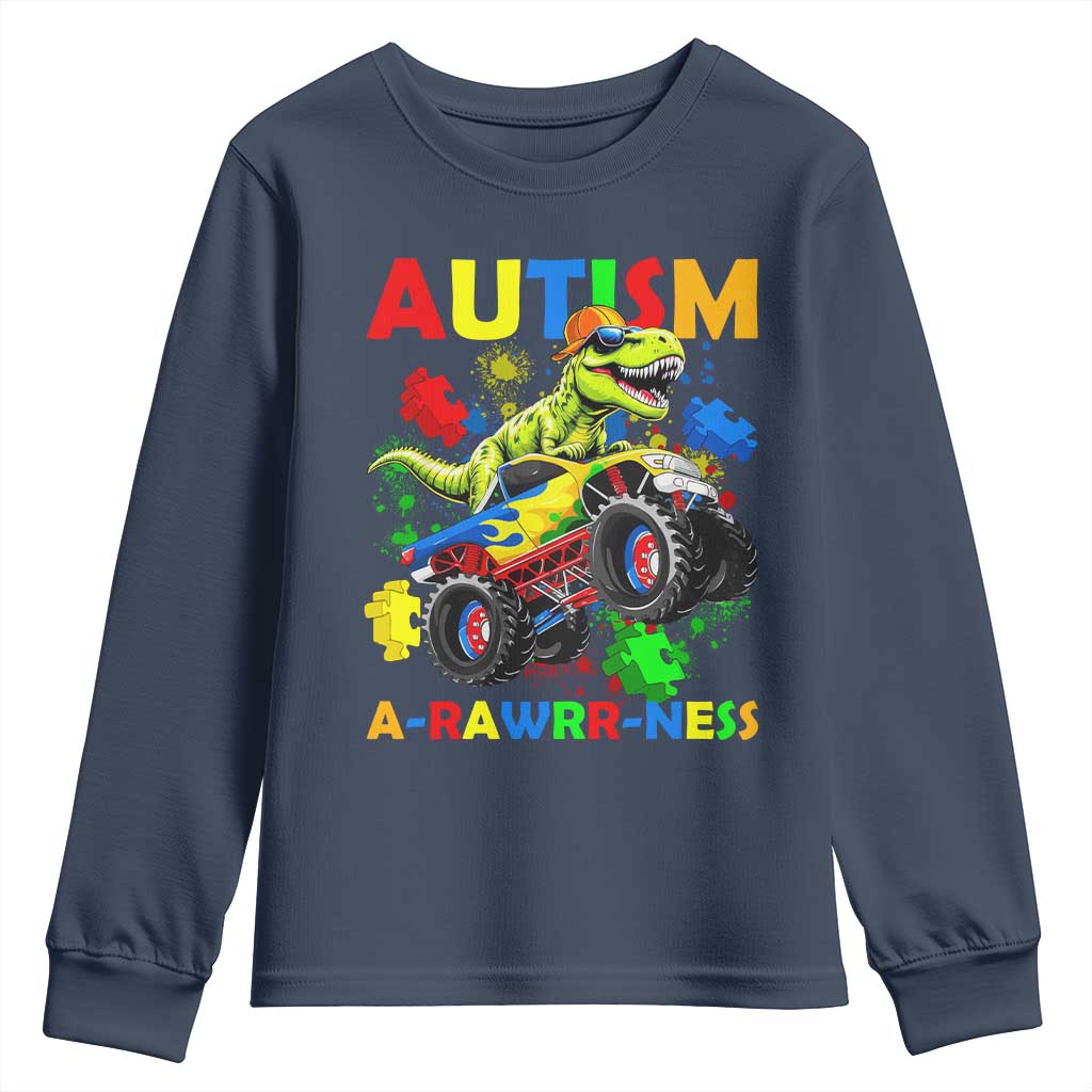 Funny Autism Support Dinosaur Youth Sweatshirt Autism Arawrrness Monster Truck Puzzle Pieces