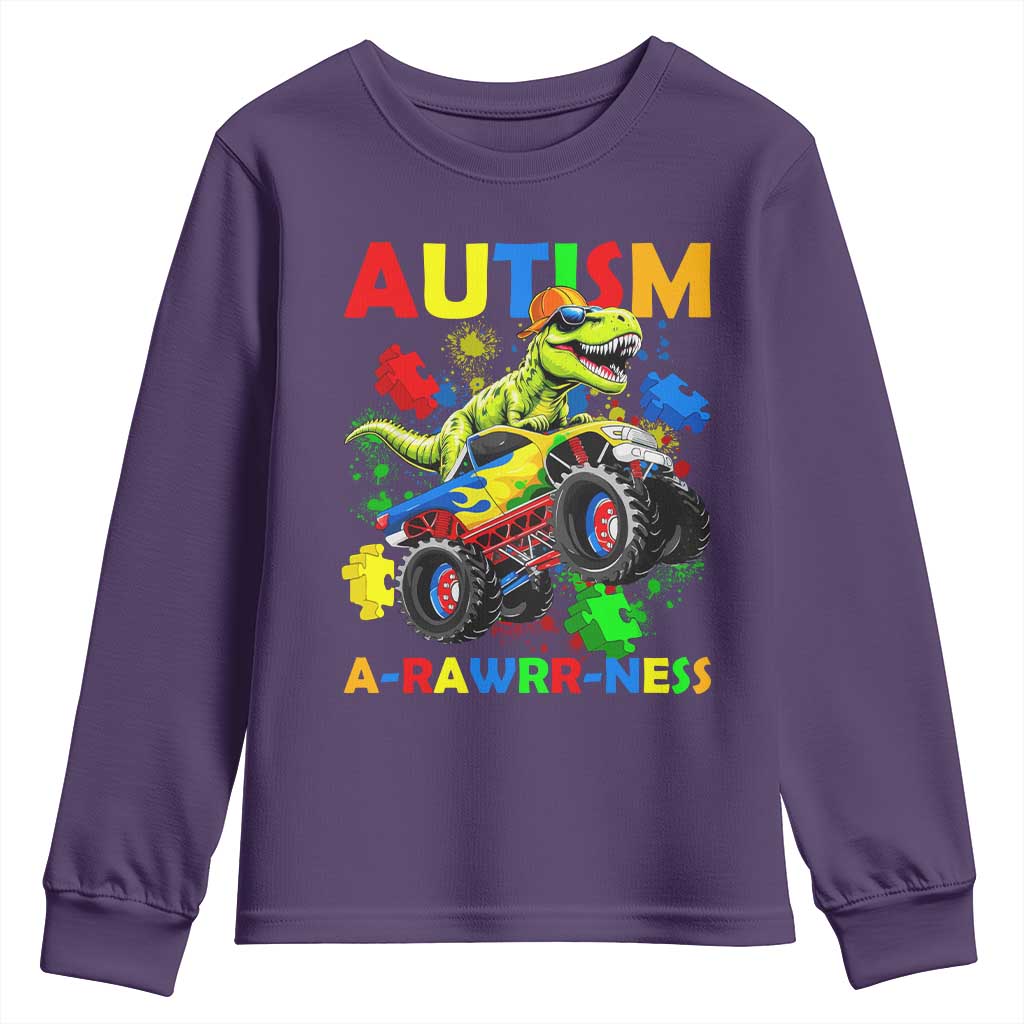 Funny Autism Support Dinosaur Youth Sweatshirt Autism Arawrrness Monster Truck Puzzle Pieces