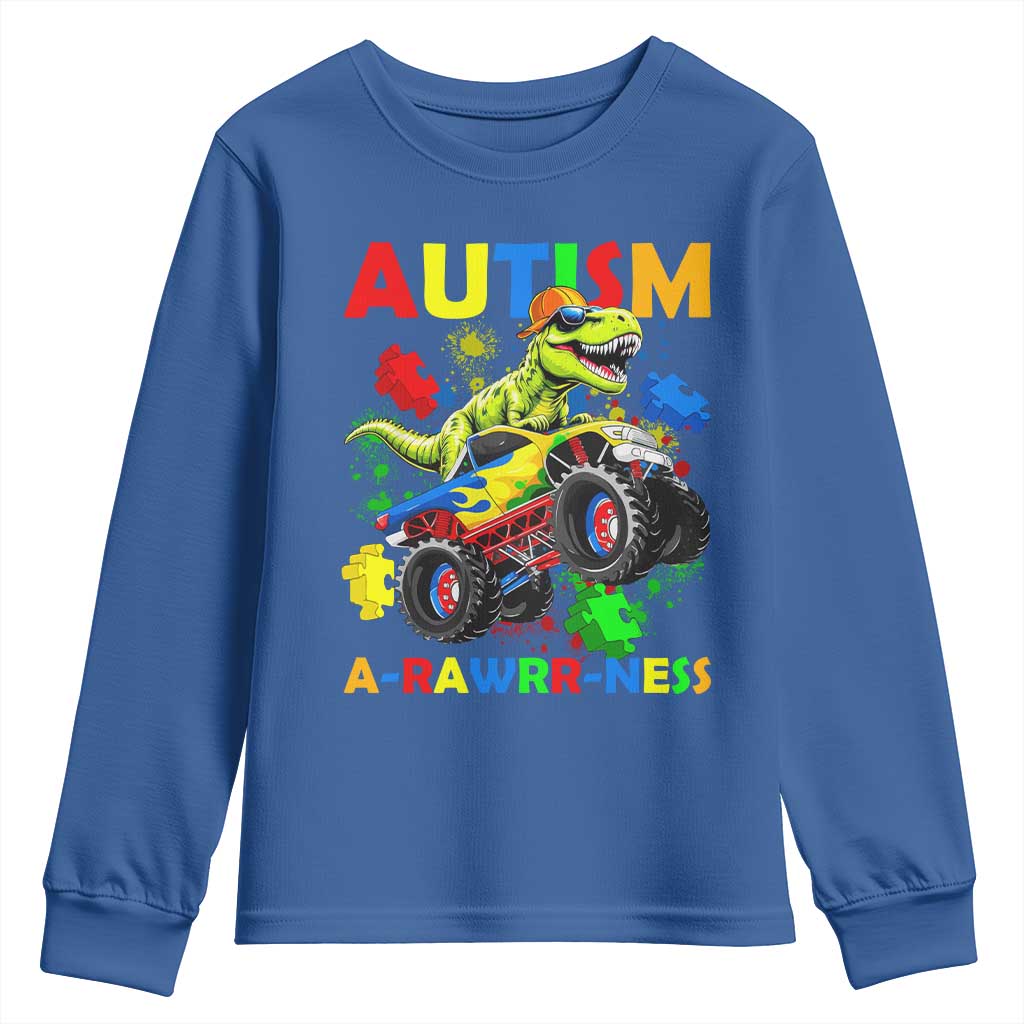 Funny Autism Support Dinosaur Youth Sweatshirt Autism Arawrrness Monster Truck Puzzle Pieces