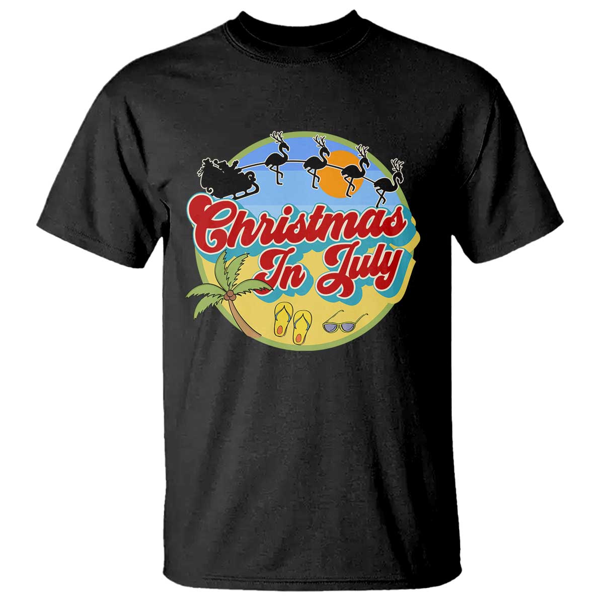 funny-christmas-in-july-t-shirt-flamingo-with-santa-claus-palm-tree