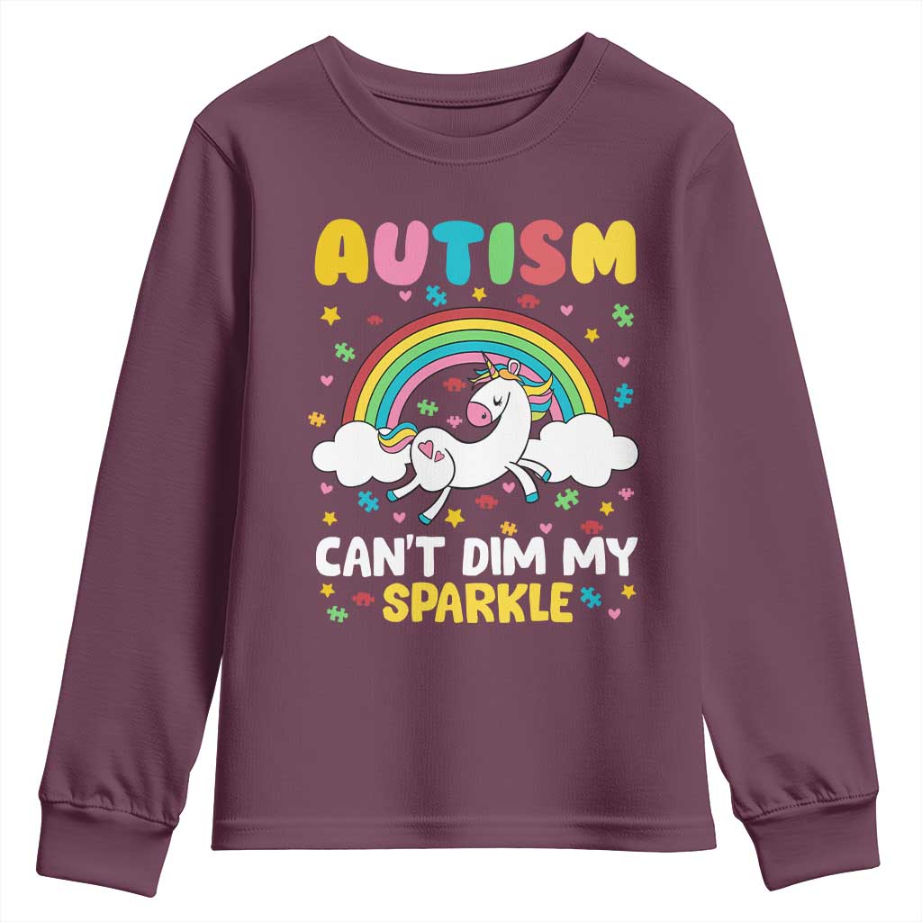 Funny Autism Can't Dim My Sparkle Youth Sweatshirt Autism Support Unicorn Rainbow