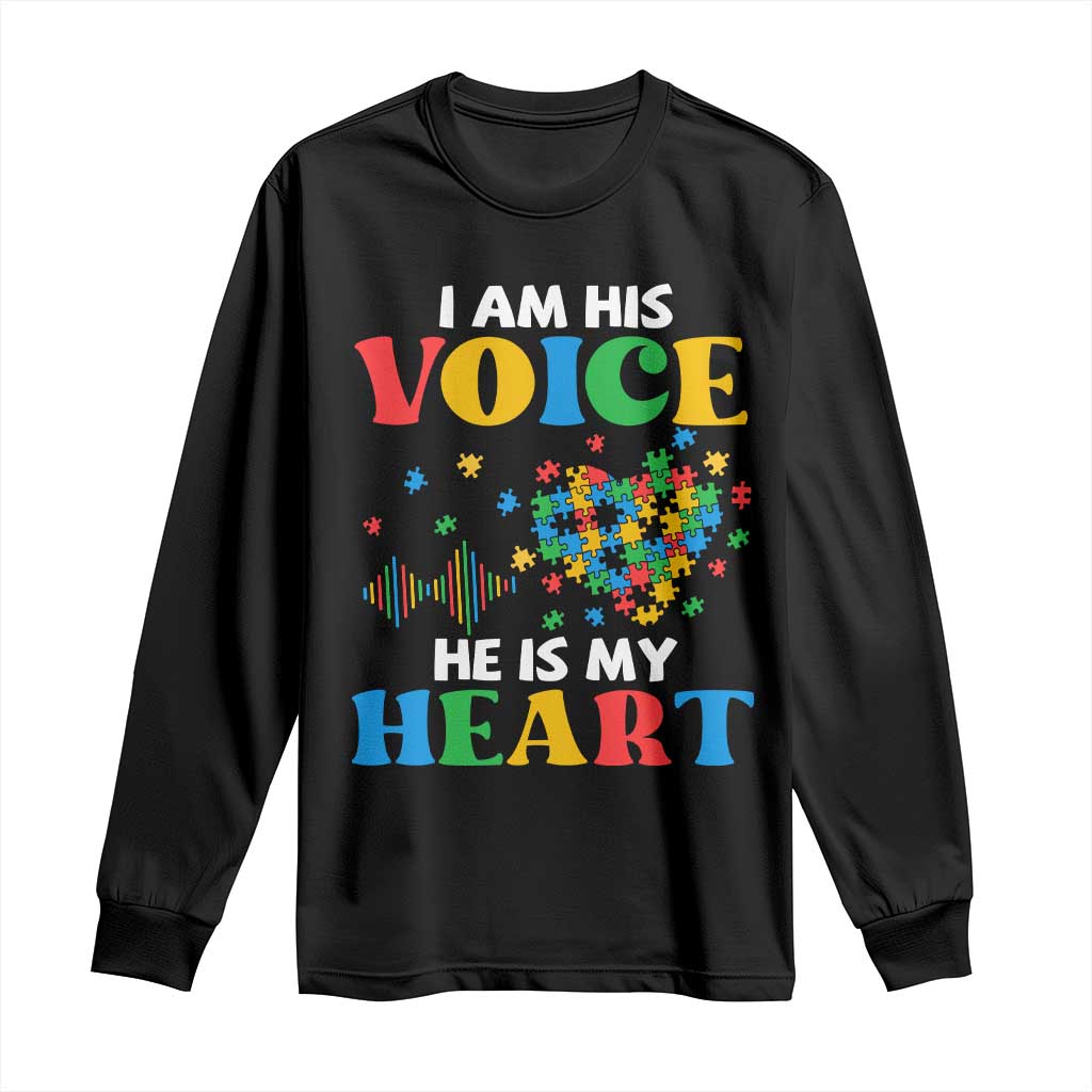 I Am His Voice He Is My Heart Long Sleeve Shirt Autism Support Puzzle Piece