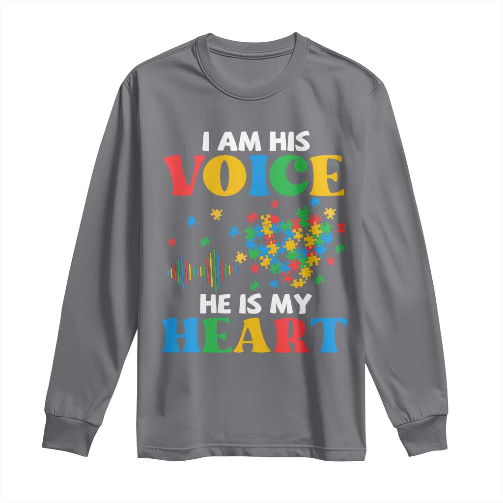 I Am His Voice He Is My Heart Long Sleeve Shirt Autism Support Puzzle Piece