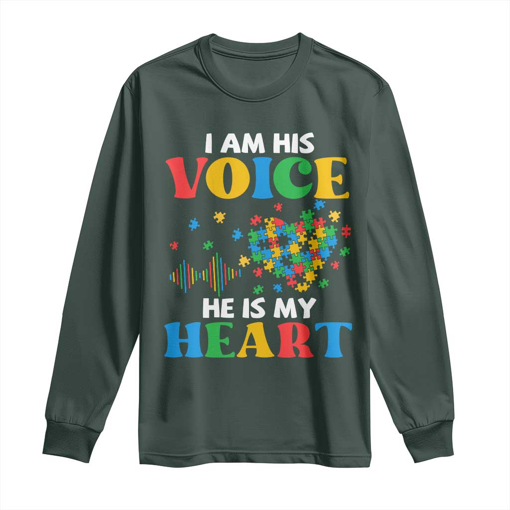 I Am His Voice He Is My Heart Long Sleeve Shirt Autism Support Puzzle Piece
