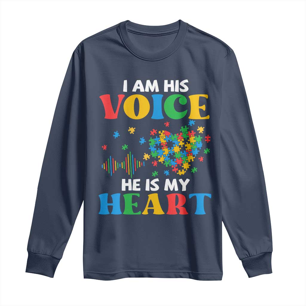 I Am His Voice He Is My Heart Long Sleeve Shirt Autism Support Puzzle Piece