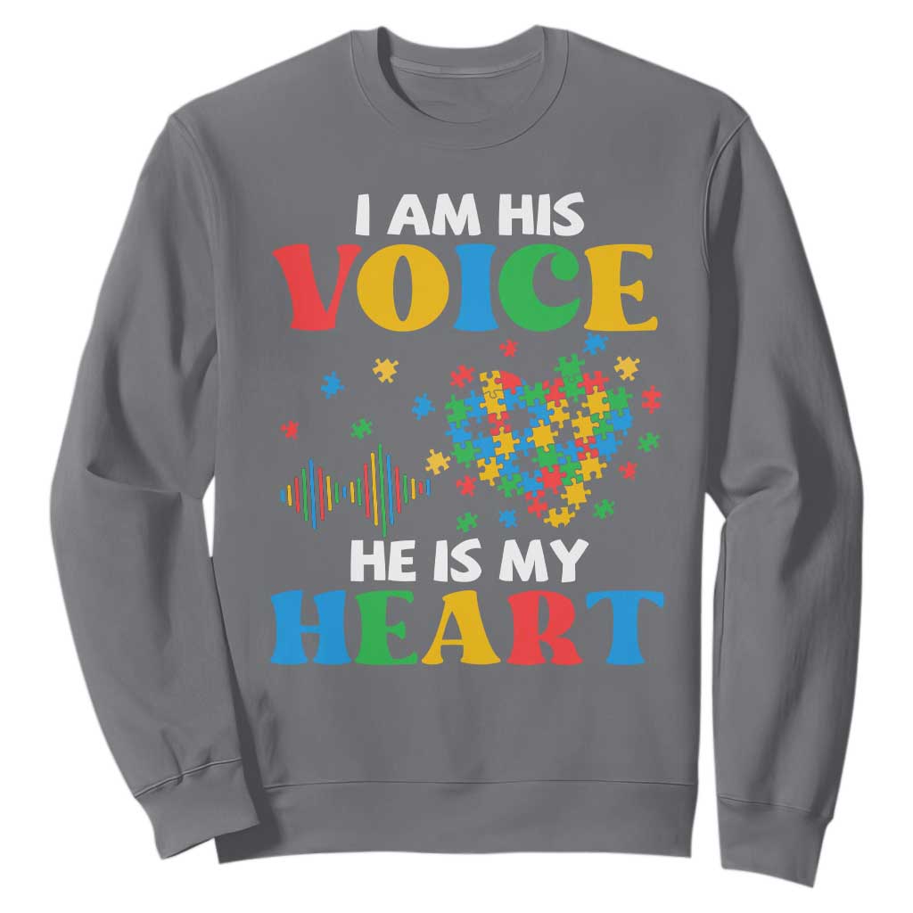 I Am His Voice He Is My Heart Sweatshirt Autism Support Puzzle Piece