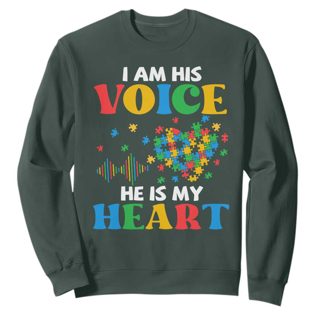 I Am His Voice He Is My Heart Sweatshirt Autism Support Puzzle Piece